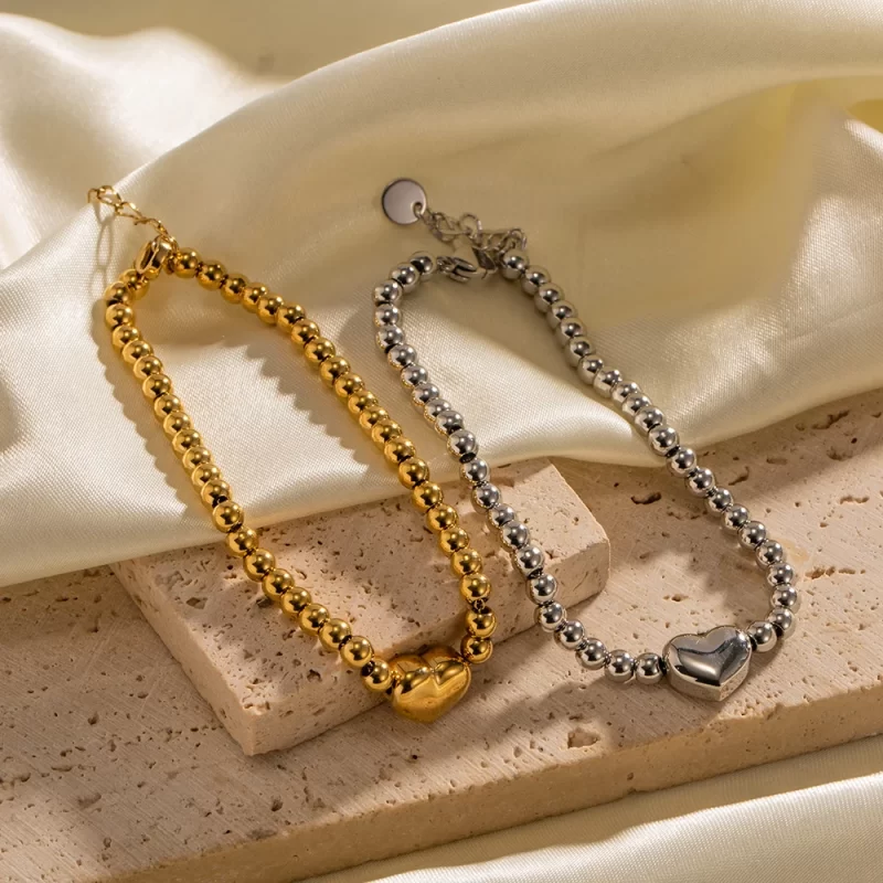 Stainless Steel 16K Gold Heart Beaded Bracelet for Girls Women - Image 4