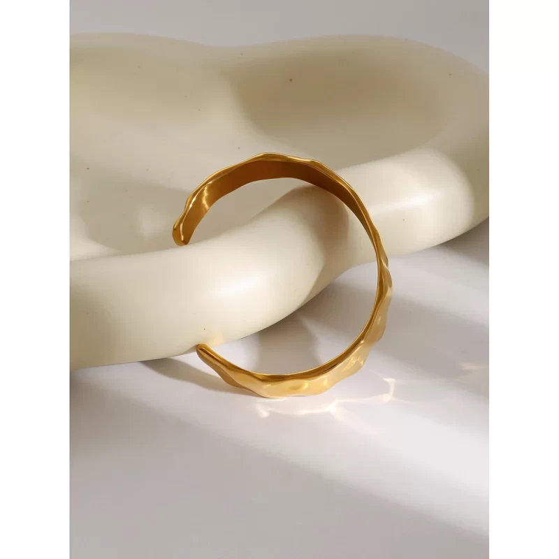 J&D 18k Gold Stainless Steel Textured Surface Open Bangle Bracelet - Image 5