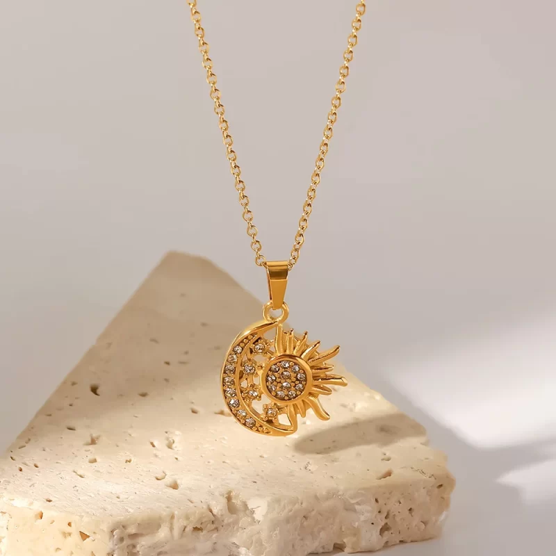 Stainless Steel Zircon Moon Sun Necklace Women 18K Gold Plated Moon Sunburst Pendant Necklace for Girls - Image 5