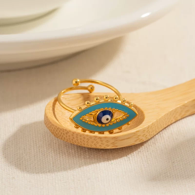 Luxury Jewelry 18K Gold Plated Evil Eyes Ring Stainless Steel Blue Enamel Eye Adjustable Rings for Women - Image 3