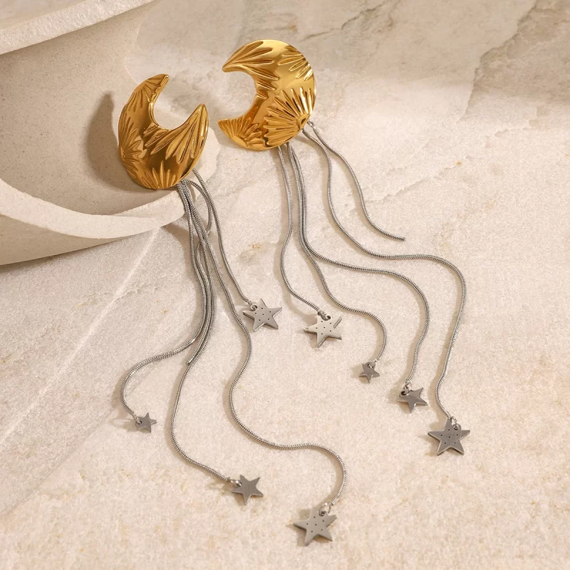 18k Gold Plated Stainless Steel Two-Tone Star Moon Long Texture Tassel Earrings Fashion Hoop Jewelry with Pearl Main Stone - Image 3
