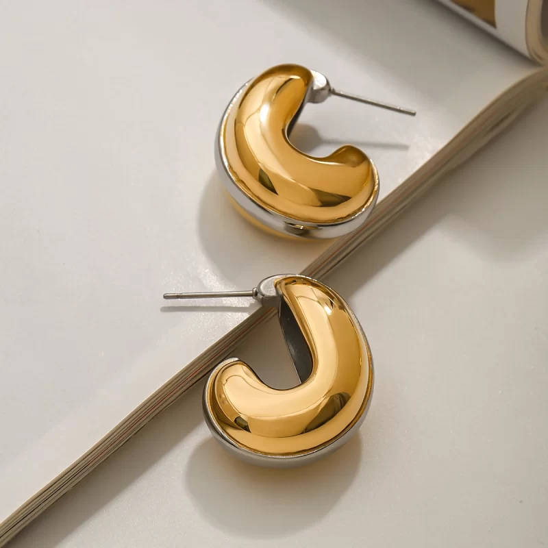 Modern Minimalist 18K Gold Stainless Steel Drop Earrings Simple Smooth Semi-Circular Design Gold Earrings - Image 3