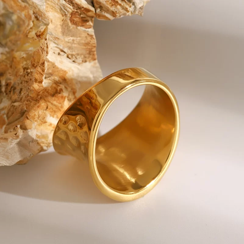 J&D Designer 18K Gold Plated Stainless Steel Exaggerated Concave Design Bold Wide Hammered Rings - Image 5