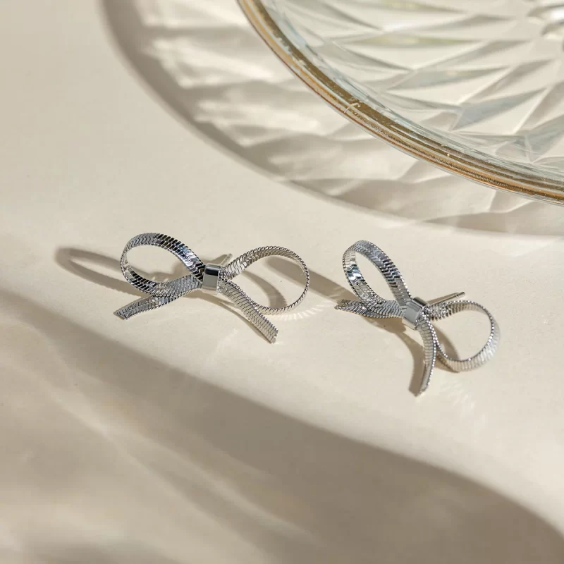 Snake Chain Bow Stud Earring  Silver Plated Stainless Steel Fancy Bow Drop Earring for Women - Image 2