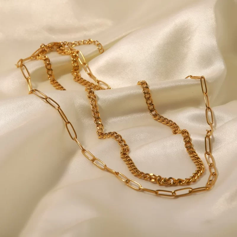 Minimalist 2 Layer Link Cuban Chain Retro18K Real Gold Plated Stainless Steel Chain Necklace - Image 3