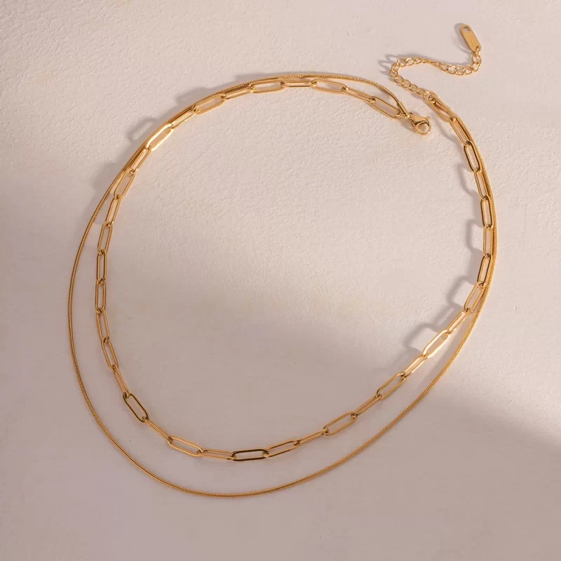 J&D Fashion Waterproof 18K Gold Stainless Steel Jewelry Gift Double Layer Mulit Link Chain Choker Simple Necklace for Women - Image 5