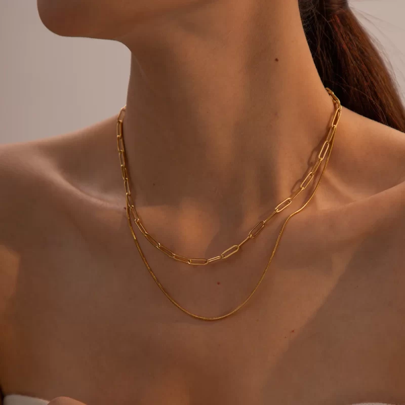 J&D Fashion Waterproof 18K Gold Stainless Steel Jewelry Gift Double Layer Mulit Link Chain Choker Simple Necklace for Women - Image 3