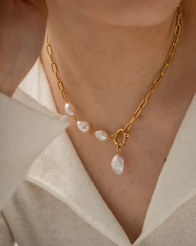 New Jewelry Stainless Steel Spring Lock Half Paperclip Chain Freshwater Pearl Necklace for Women - Image 3