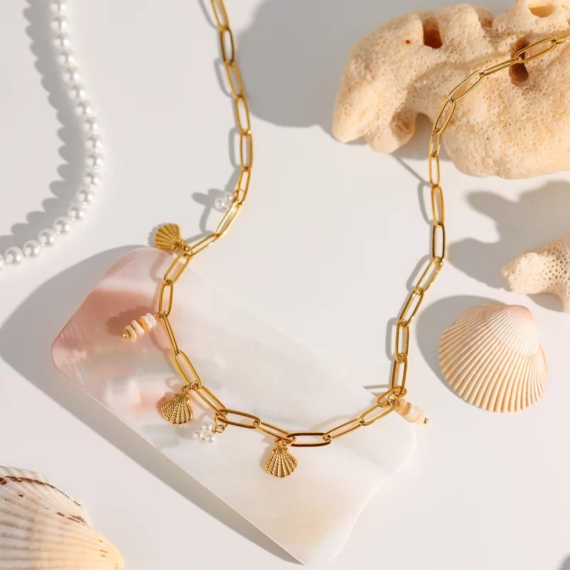 J&D Ocean 18K Gold Plated Stainless Steel Charm Necklace Shell Glass Pearl Natural Stone Chain Necklace - Image 4