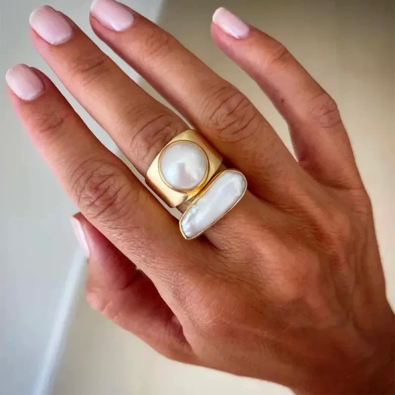 J&D 18k Gold Stainless Steel Irregular Baroque Resin Pearl Ring Elegant Vintage Style Size 7 - Image 5