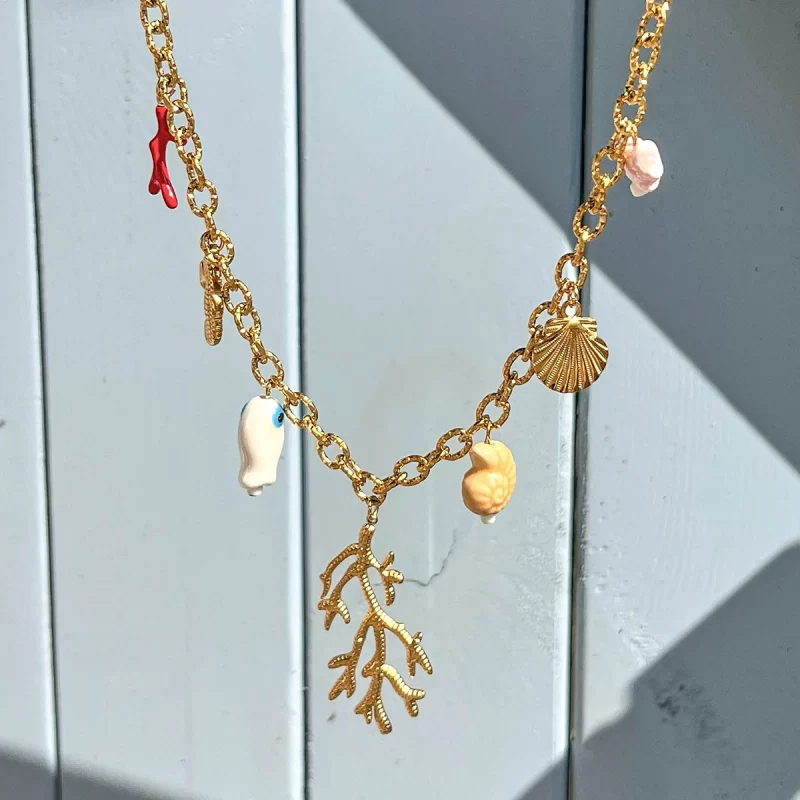 J&D Spring Summer Charm Collection Ocean Series 18K Gold Plated Stainless Steel Necklace with Pearl Flower Charms Jewelry - Image 3