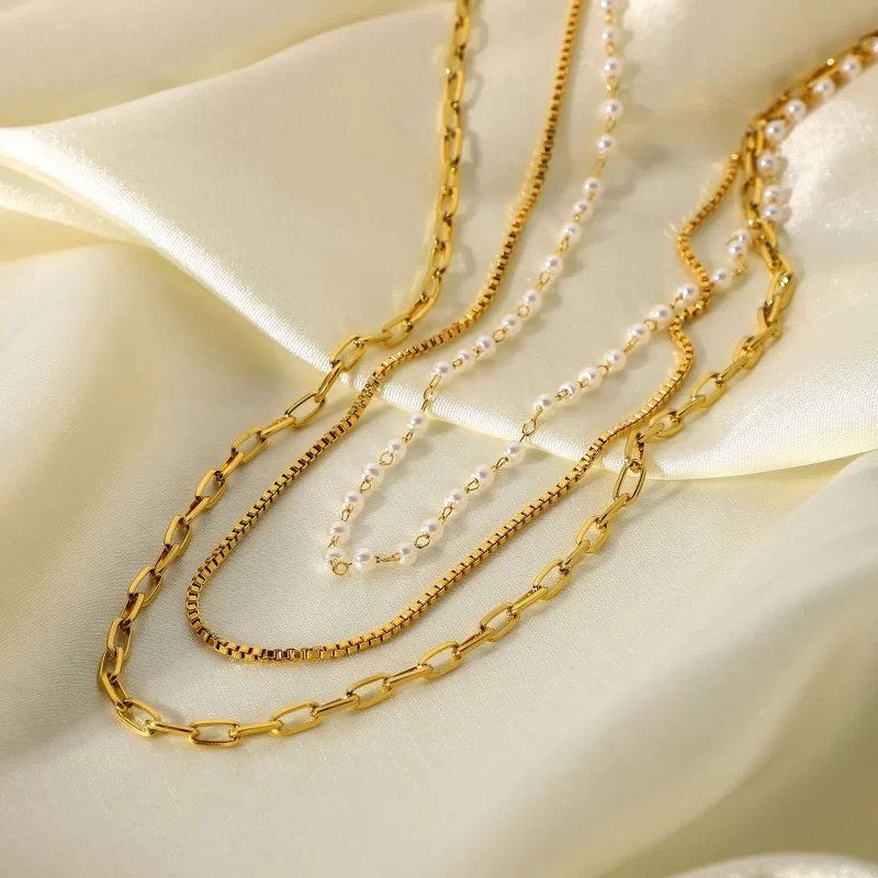 18k Gold Multi Layer Necklace Pearl Collar Summer Beach Stainless Steel Link Chain Choker Necklace - Image 4