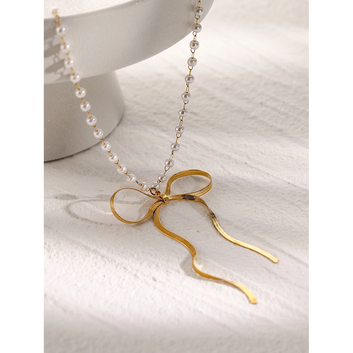 J&D Jewelry 18K PVD Gold Plated Stainless Steel Rosary Pearl Necklace Bow Pendant Necklace for Women