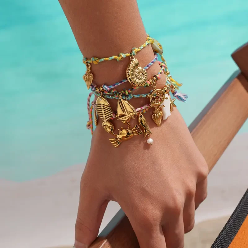 J&D 18K Gold Plated Stainless Steel Summer Beaded Bracelet Colorful String Ocean Charm for Beach Vacation Jewelry - Image 3