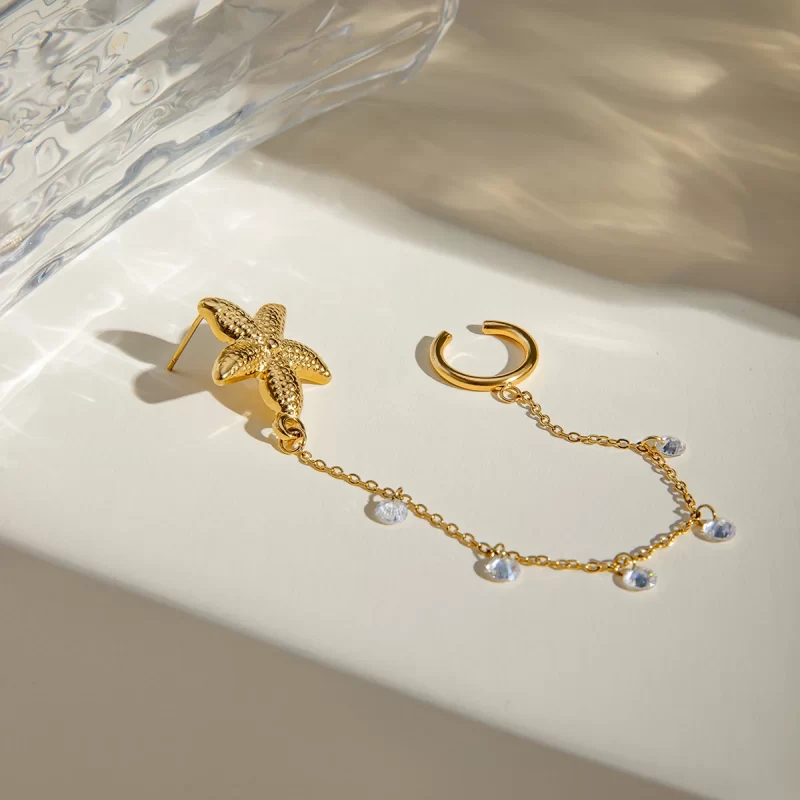 18K PVD CZ Charm Starfish Earrings Ear Cuff - Image 3