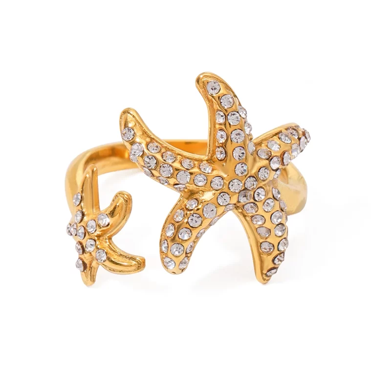 J&D 18K PVD Gold Plated Stainless Steel Searing White Zircon Starfish Ocean Open Ring Jewelry for Women