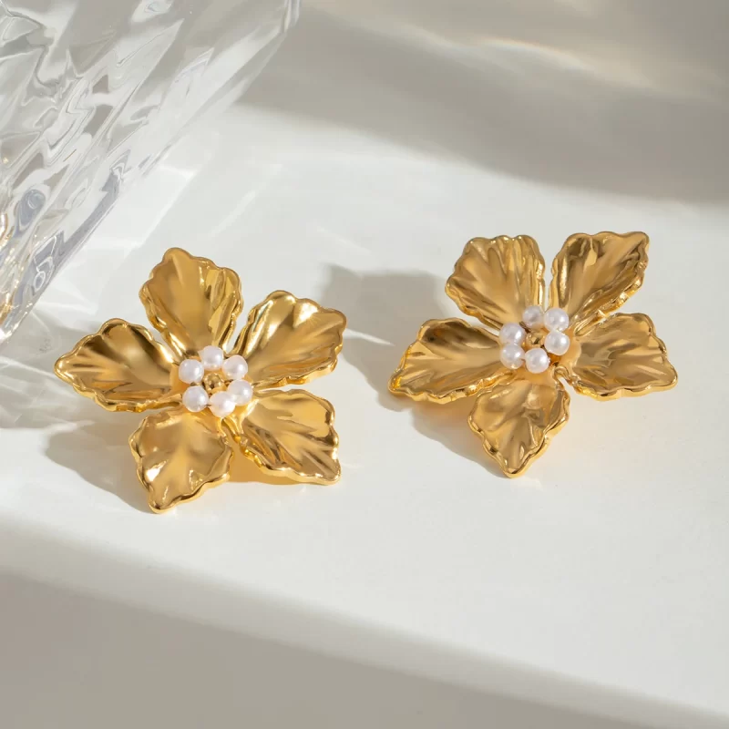 8k Gold Stainless Steel Faux Pearl Flower Earrings with Delicate Design Chic Everyday Wear Party Fashion Jewelry - Image 2