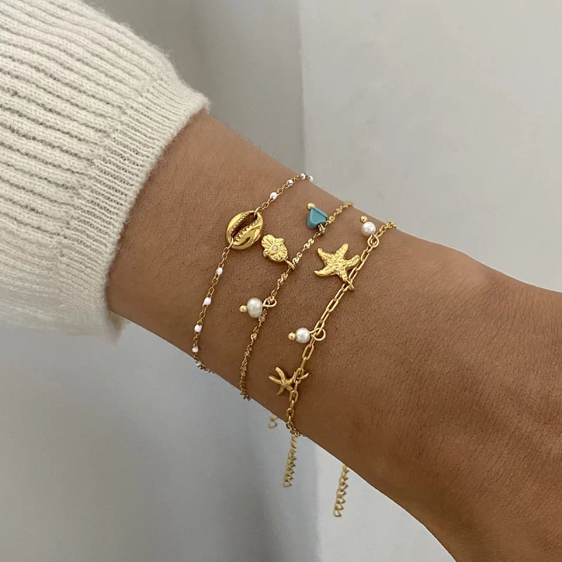 J&D Ocean 18K Gold Plated Stainless Steel Evil Eye Bracelets Set Starfish Shell Charm Bracelets for Women Trendy for Holidays - Image 2