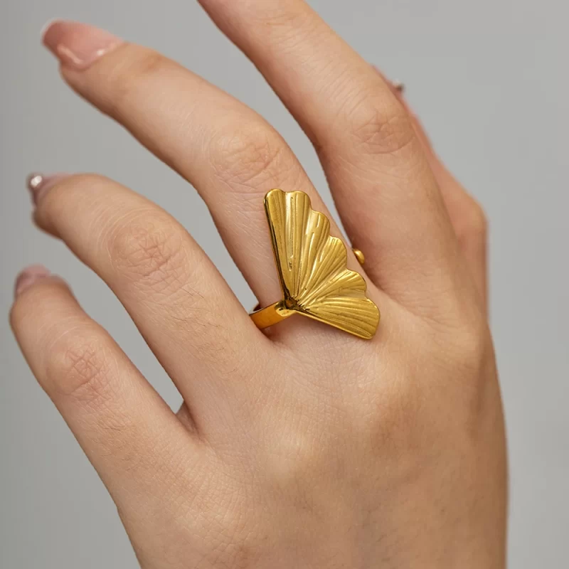 New Arrival Stainless Steel 18K Gold Plated Ring Gift Opening Ginkgo Leaf Shaped Rings for Women - Image 2
