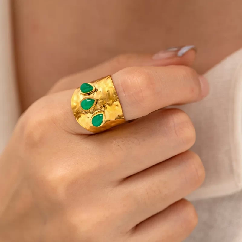 3 Irregular Green Natural Stone Chunky Hammered 18K Gold Plated Stainless Steel Opening Ring - Image 2