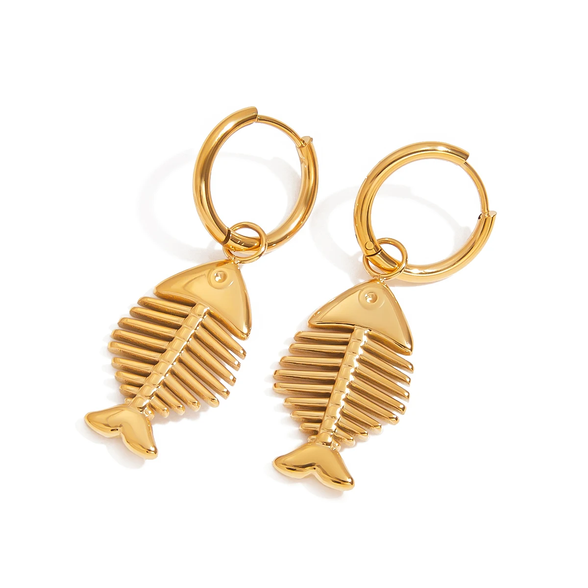 18K Gold Plated Stainless Steel Ocean Beach Summer Jewelry Sea Fish Bone Pendant Earrings