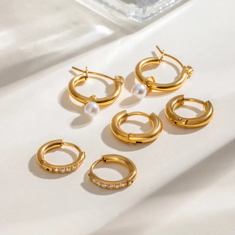 18k Gold Plate Stainless Steel Pearl and White Zircon Hoop Earrings Three Pairs Elegant Set - Image 4