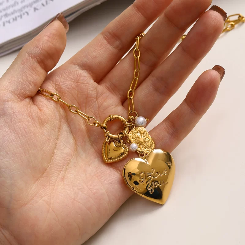 J&D 18k Gold Stainless Steel Imitation Shell Pearl White Diamond Engraved Love Photo Box Necklace - Image 5