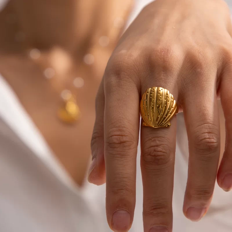 J&D Jewelry Waterproof 18K PVD Gold Plated Seashell Shape Ocean Series Stainless Steel Shell Opening Ring - Image 3