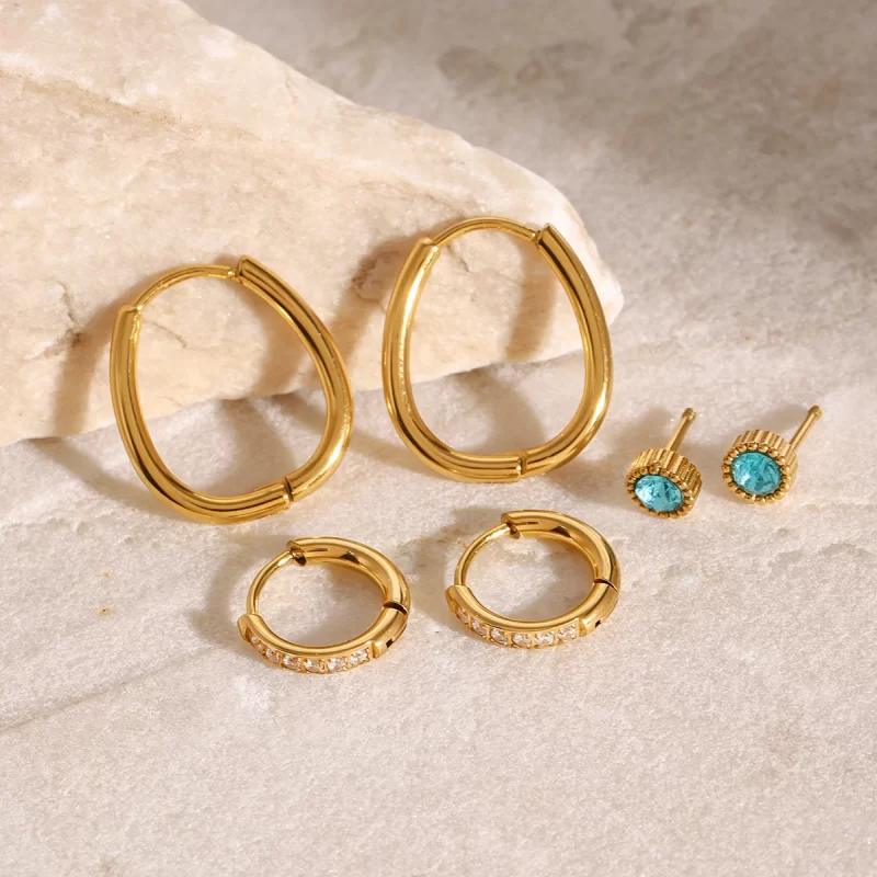 18k Gold Stainless Steel Jewelry Blue Zircon and White Water Drill Ear Clips Chic Jewelry Set of 3 Everyday Wear - Image 5