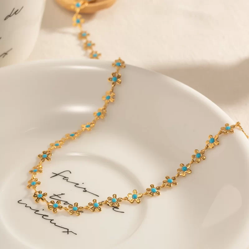 Ins Popular Stainless Steel Flower Shape Chain Light Blue Oil Dripping Enamel Flower Charm Bracelet Necklace - Image 4