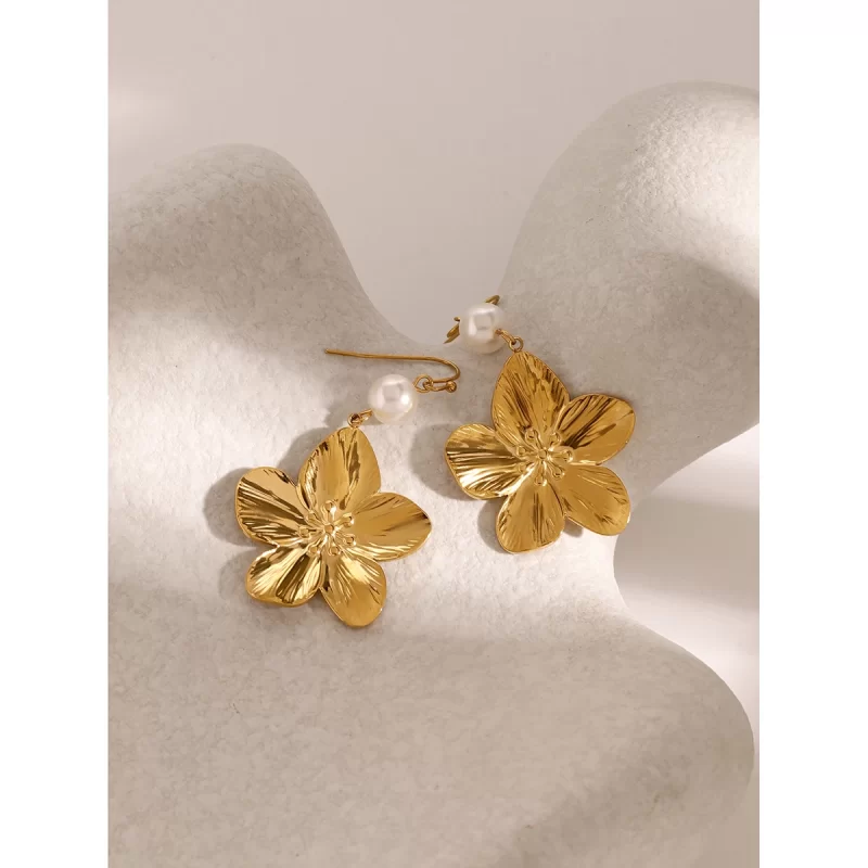 Unisex Trendy 18k Gold Stainless Steel Earrings Fashion Flower Glass Pearl Drop Jewelry - Image 2