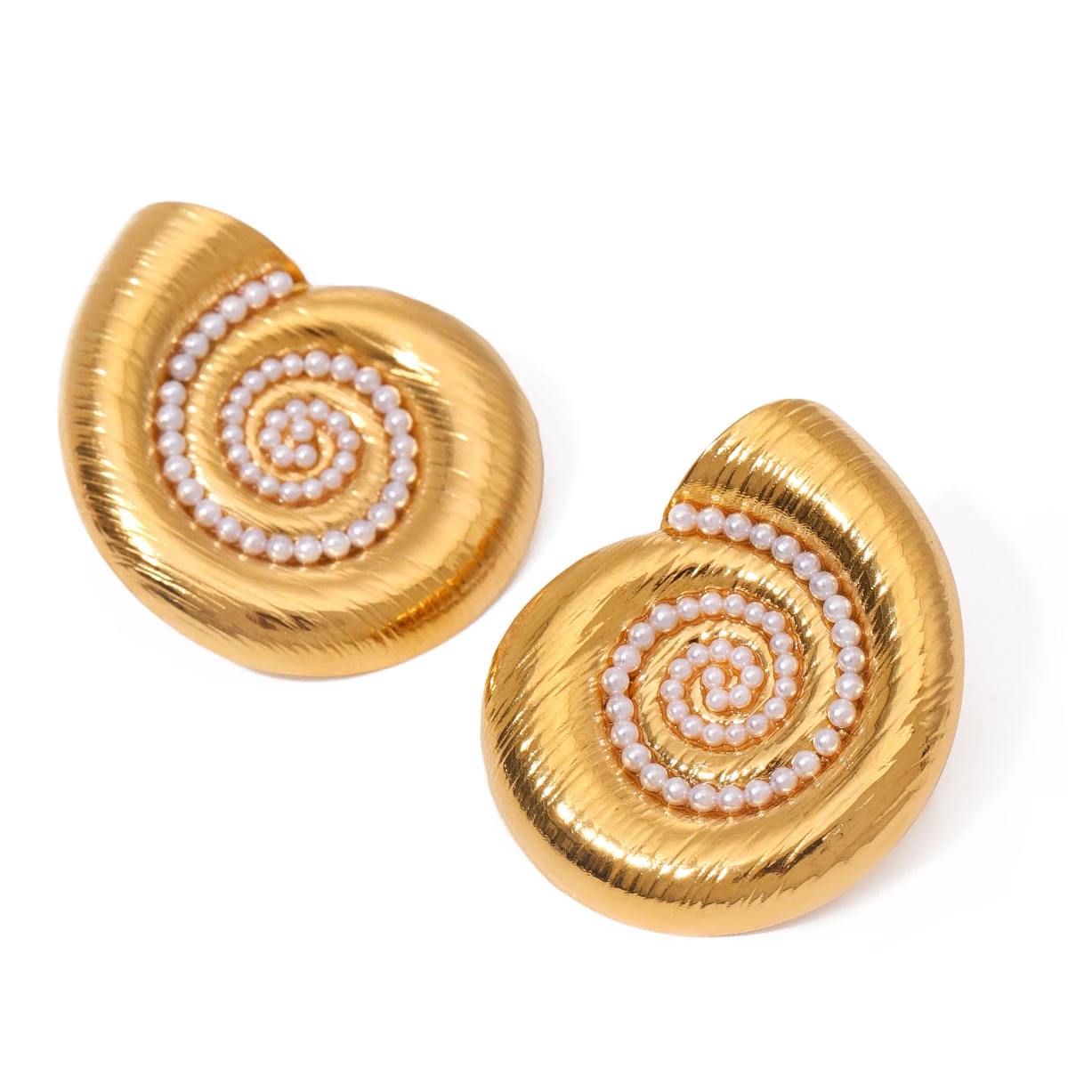 Conch Shape Pearl Stud Earrings 18k Gold Plated Stainless Steel Brushed Finish Nautical Design
