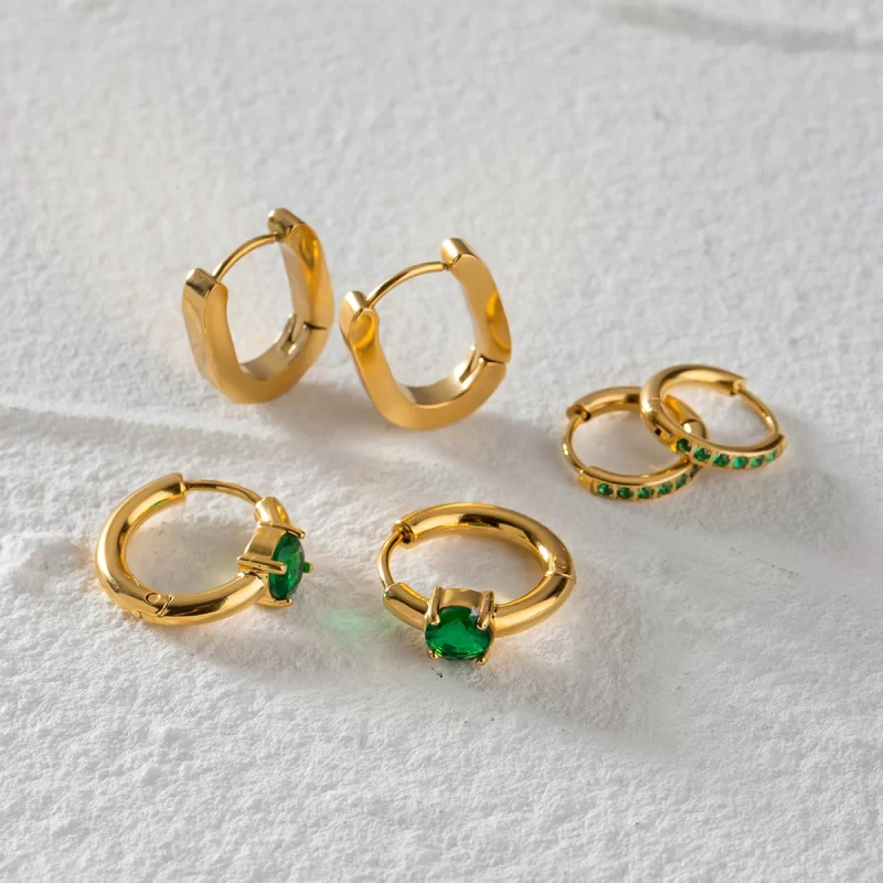 Classic Design 18k Gold Stainless Steel Green Zircon Stud Earrings Vintage Style Hoop Earrings for Sophisticated Look - Image 5