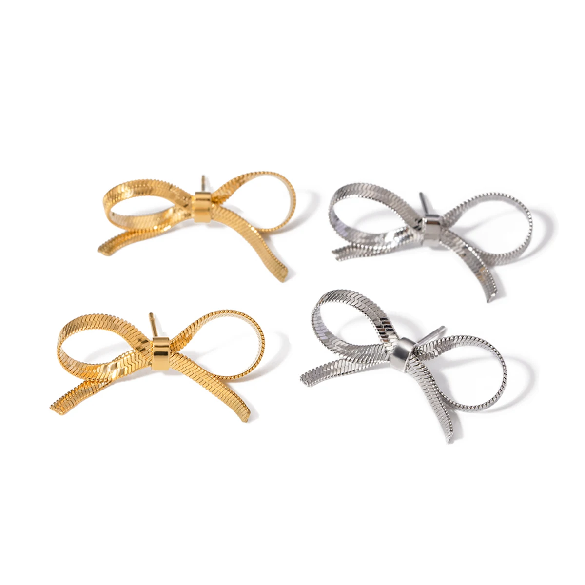 Snake Chain Bow Stud Earring 18K PVD Gold and Silver Plated Stainless Steel Fancy Bow Drop Earring for Women
