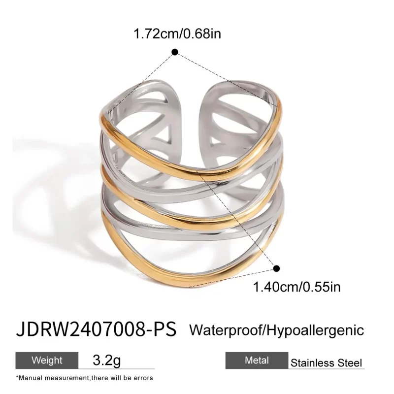 J&D Tarnish Free Jewelry Hypoallergenic Stainless Steel 18k Gold Plated Silver Color Two Tone Irregular Open Rings - Image 3