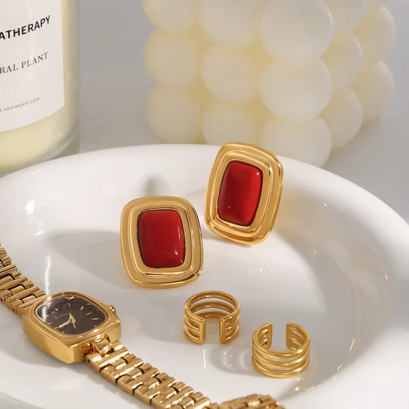 Women Style Retro Style 18K Gold Stainless Steel Red Agate Square Round Red Agate Earrings - Image 4