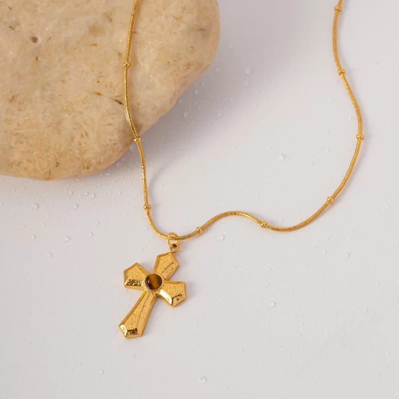 J&D Religious Stainless Steel Necklaces Gold Plated Texture Hammer Tiger's Eye Cross Pendant Necklace - Image 5