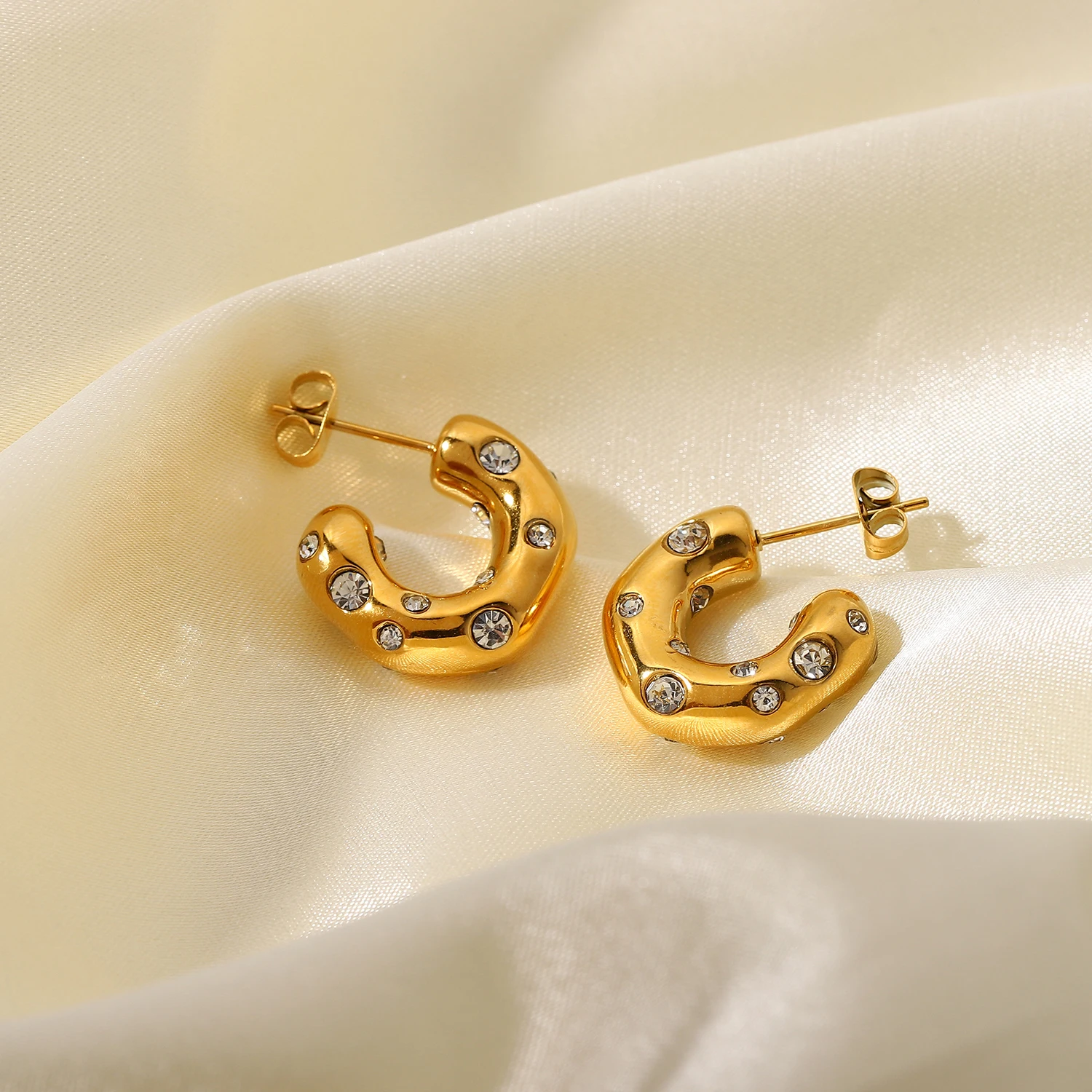 Stainless Steel Special-shaped Hammer Pearl Zircon CC Shaped Earrings