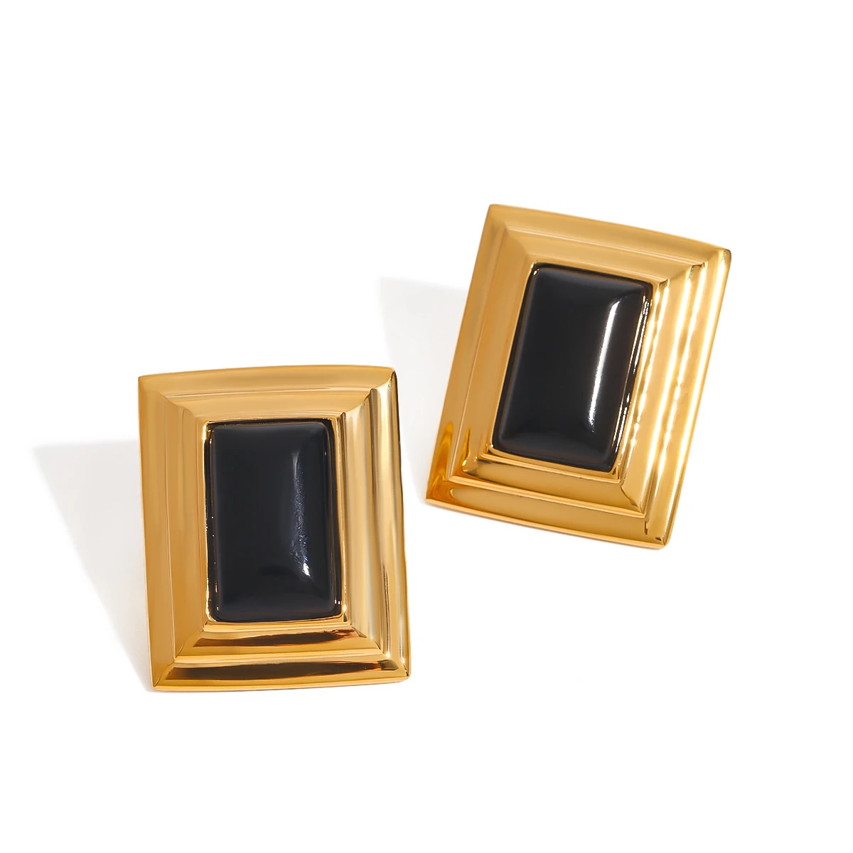 Retro Style 18K Gold Stainless Steel Black Onyx Rib Square Black Onyx Earrings