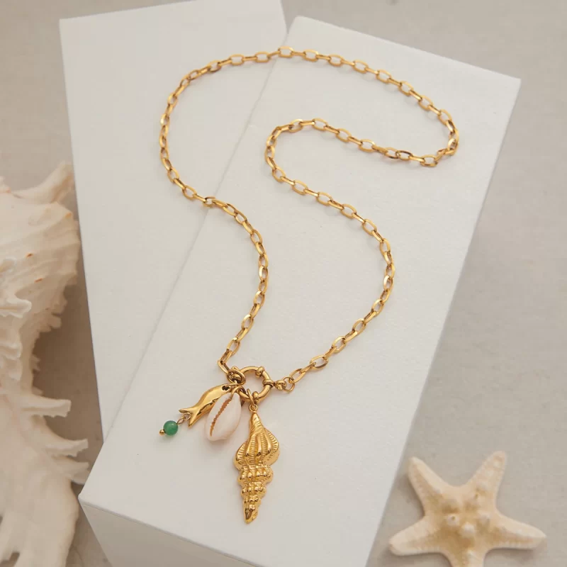 J&D Ocean Beach Natural Shell Agate Fish 18K Gold Plated DIY Charm Necklace Waterproof Stainless Steel Trendy Link Chain - Image 4