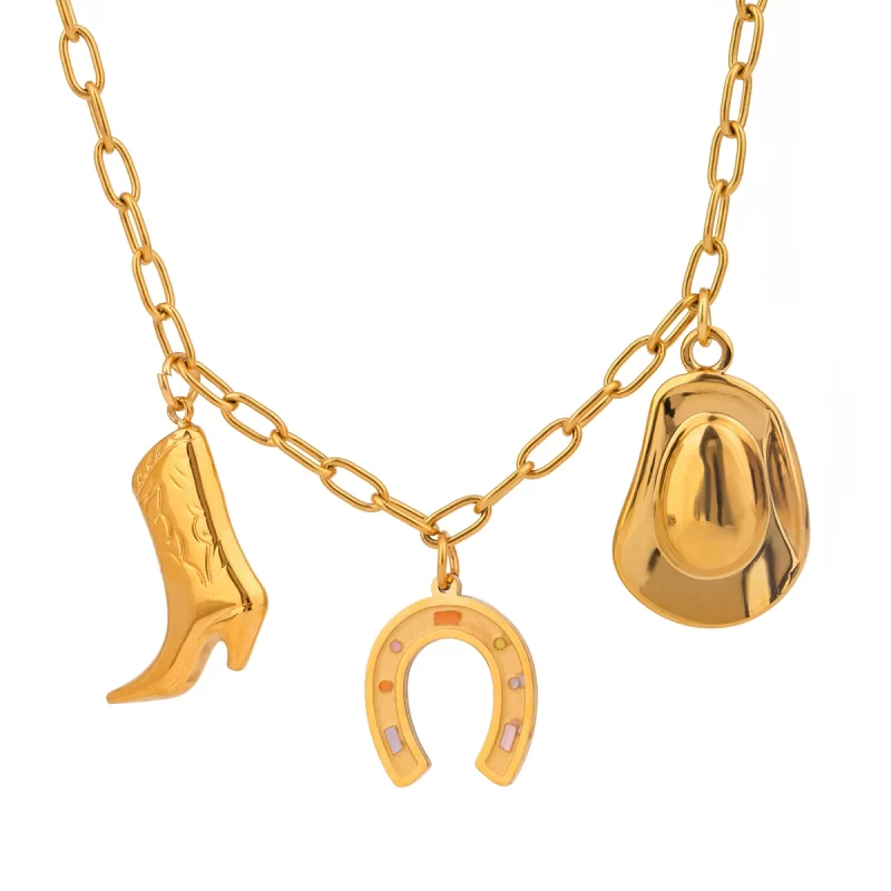 J&D Horseshoe Hat and Boots Pendant Necklace for Women 18k Gold Plated Stainless Steel Western Style Chain 45+5cm - Image 2