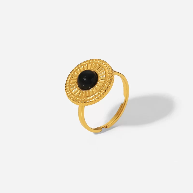 2022 New Stainless Steel Black Semi-Precious Stone Adjustable Ring Round Button Disc Black for Woman