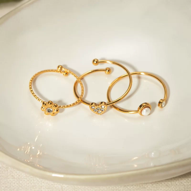 J&D New Trendy 18k Gold Plated Stainless Steel Jewelry Thine Adjustable Flower Finger Ring Set Women - Image 3