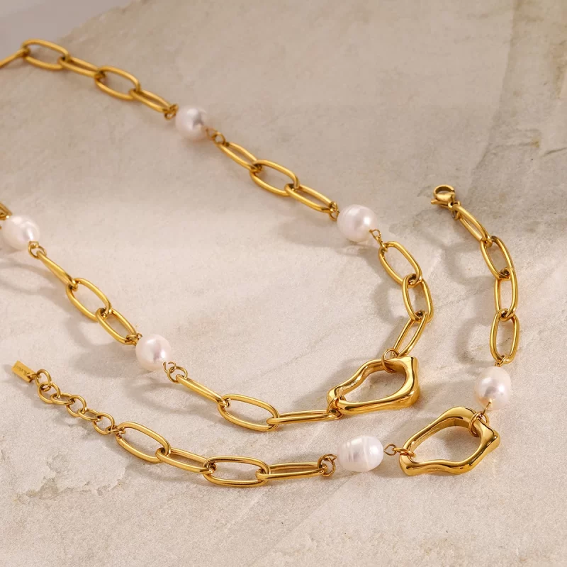 J&D Dainty 18k Gold Stainless Steel Freshwater Pearl Irregular Pendant Necklaces Bracelets Set - Image 2