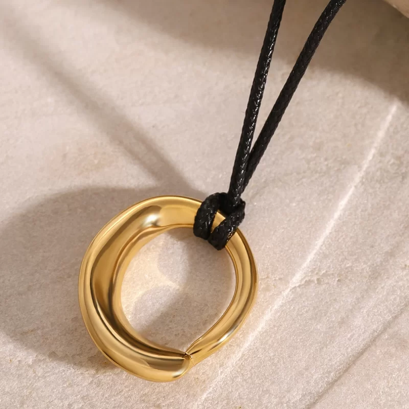 J&D 18k Stainless Steel Unique Irregular Concave Hollow Pendant Statement Necklace Black Wax Rope 75cm - Image 2