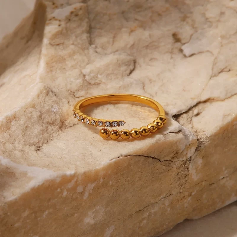 Dainty 18K Gold Plated Beads Layered Zircon Inlaid Stainless Steel Rings Minimalist Jewelry - Image 3