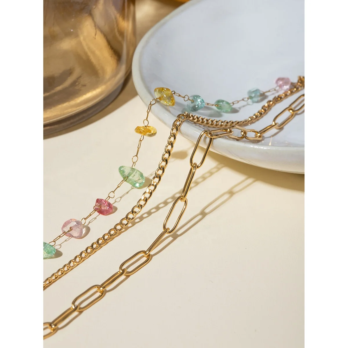 J&D Hot Waterproof 18K Real Gold IP Plated Stainless Steel Layer Necklace Glass Pearl Natural Stone Necklace Holiday Decoration