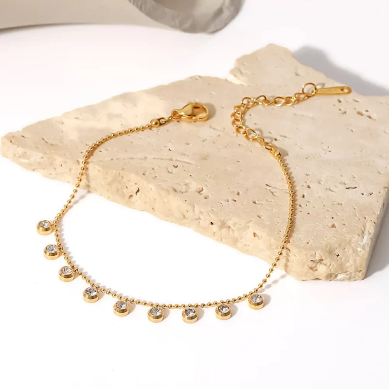 18K Gold Plated Tassel Round Zircon Bracelet Stainless Steel Bead Chain Clear Cubic Zircons Bracelet Girl - Image 3