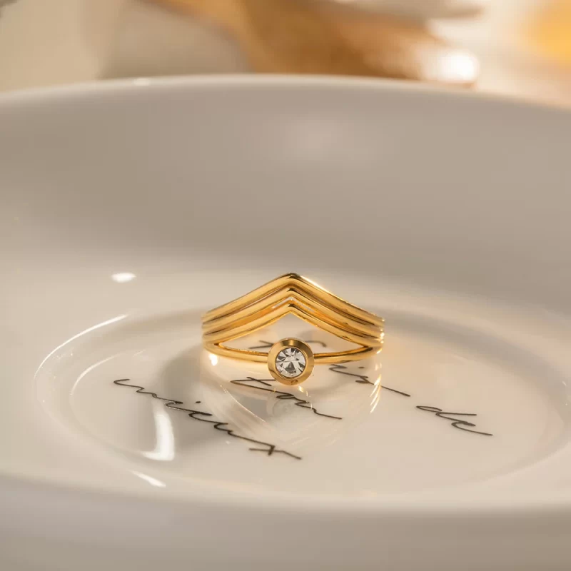 Charm Stainless Steel 18K Gold Plated Opening Ring Gift Cubic Zirconia Mulit Layer V Shaped Rings - Image 5