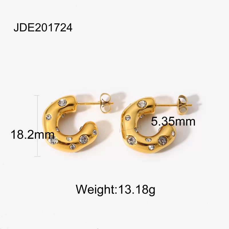 18k Gold Plated Stainless Steel Special-shaped Hammer Pearl Zircon CC Shaped Earrings - Image 6